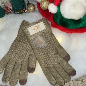 UGG Tan Knit Gloves with Fur Pom